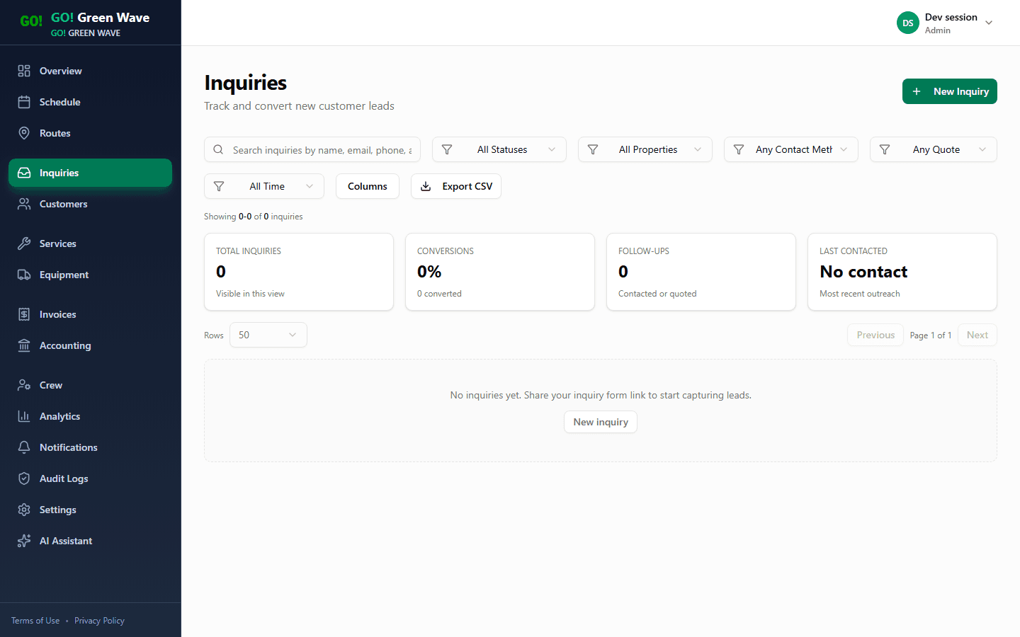 Inquiry intake view showing lead records and qualification workflow