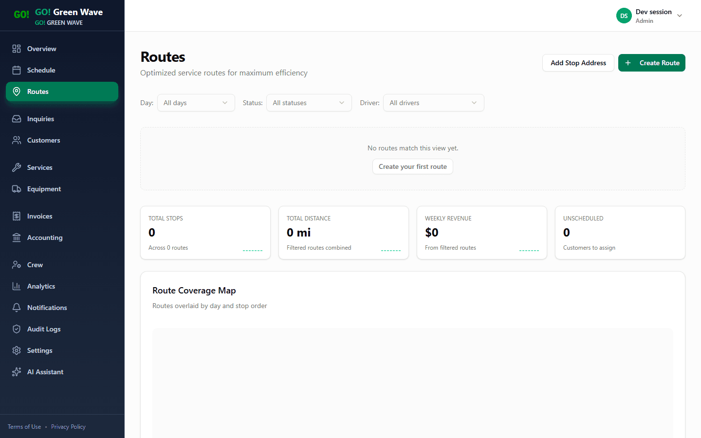 Routes workspace showing route cards, stops, and weekly execution context